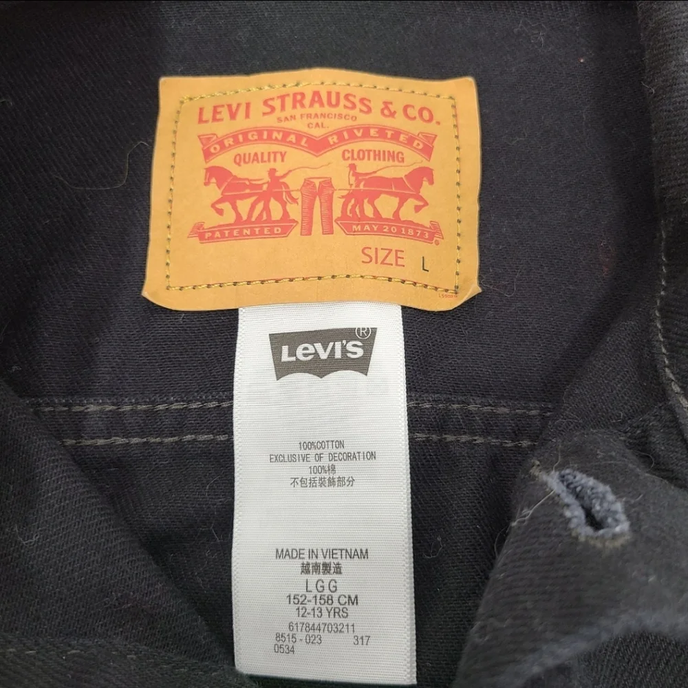 Levi's Trucker Denim Jean Jacket Peace Love Youth Kids Black Retro Vintage Lg
